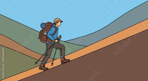 A Person Hiking Uphill with Backpack and Walking Sticks, Vector Illustration