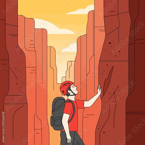 Adventurous Climber Explores Majestic Canyon Depths During Golden Hour