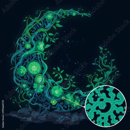 Glowing green crescent moon with vines and flowers in dark background