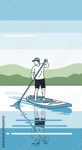 Active Man Paddleboarding On Calm Water With Scenic Landscape Reflection Minimalist Art
