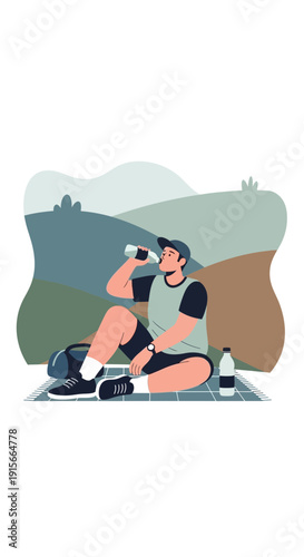 Active Man Resting And Rehydrating Outdoors After Exercise Session