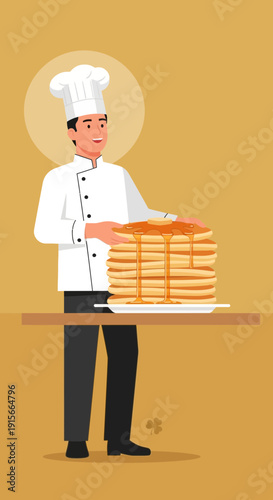 A Chef Expertly Presents a Towering Stack of Golden Pancakes Drizzled in Sweet Syrup