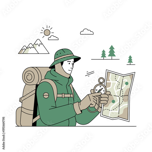 Adventurous Explorer Consults Map and Compass for Outdoor Expedition Guidance