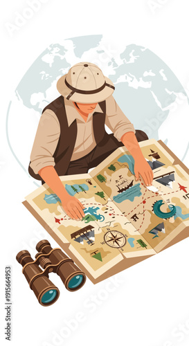 Adventurous Explorer Intently Examining Detailed Map, Preparing for Expedition and Global Adventure