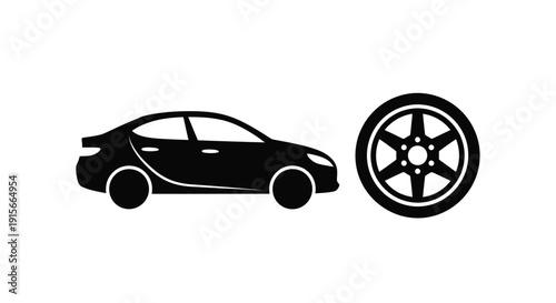 Black silhouette of a sedan car with a spare tire nearby