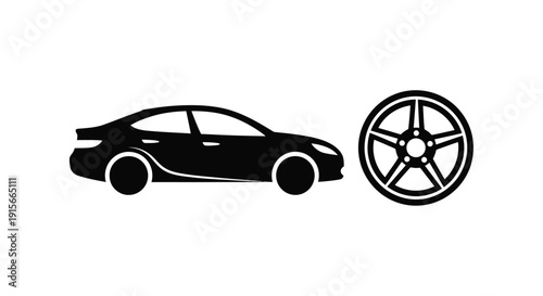 A black silhouette of a sedan car with a separate wheel illustration