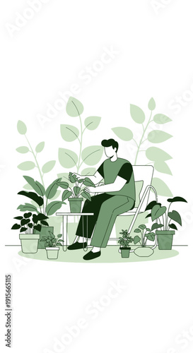 A Person Nurturing Potted Plants, A Tranquil Scene Of Botanical Care, Greenery Illustration