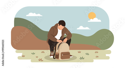 A Person Opening Backpack in Nature Scene, Preparing to Begin Outdoor Adventure Journey