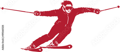 Dynamic skier navigating downhill with ski poles extended for balance and speed isolated on transparent background, Vector