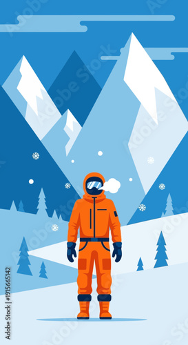 Adventurous Explorer Standing In Front Of Snowy Mountains And Cold Winter Weather