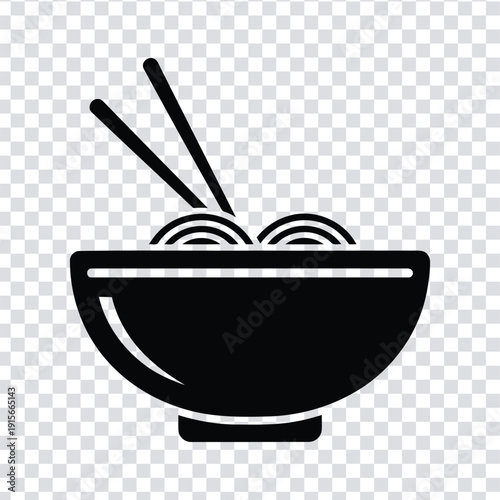 Black silhouette of a bowl of noodles with chopsticks on a transparent background