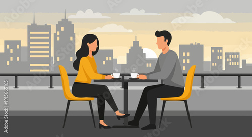 A Couple Enjoys A Rooftop Coffee With Cityscape Views At Sunset