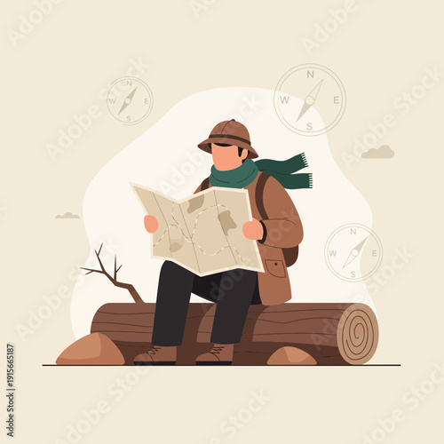 Adventurous Explorer Studying Ancient Map Amidst Wilderness Nature