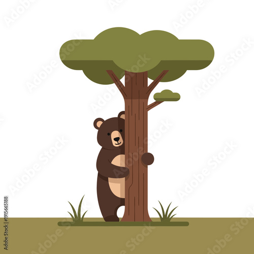 Adorable Bear Hiding Behind Tree Forest Nature Wildlife Cute Cartoon