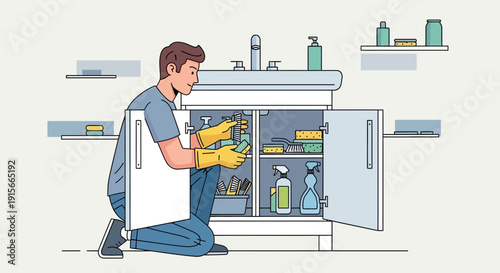 A Person Organizing Cleaning Supplies Under The Sink in A Neat and Orderly Manner