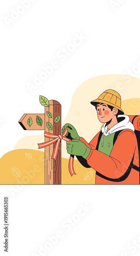 Adventurous Hiker Adorns Trail Marker With Ribbon Promoting Exploration And Journey