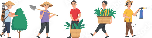 Set of Asian farmer and gardener characters in flat vector style performing agricultural tasks like planting, carrying harvest baskets, shoveling, and watering crops