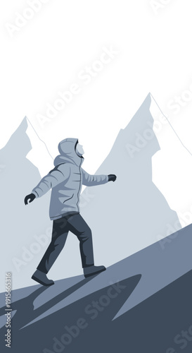 Adventurous Hiker Ascending a Mountain, Embracing the Challenge in Stunning Winterscape Scene