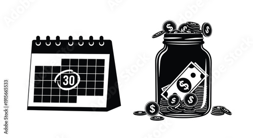 Saving money for the future a calendar and a jar full of coins