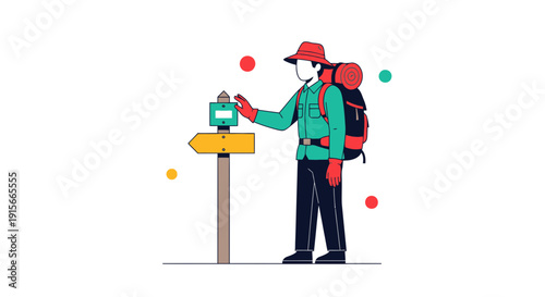 Adventurous Hiker Consults Directional Signpost Before Trekking Path