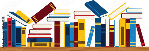 Colorful collection of books neatly arranged on a wooden shelf isolated on transparent background, Vector