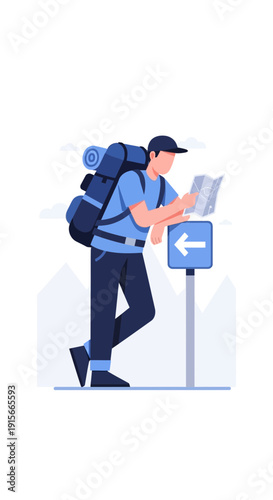 Adventurous Hiker Consults Map At Trailhead Decision Point