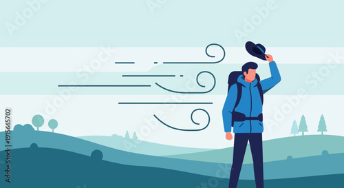 Adventurous Hiker Facing Gusty Winds on a Scenic Hillside