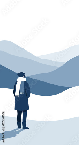 A Person Standing Admiring the Serene Blue Mountainscape in the Winter's Gentle Embrace