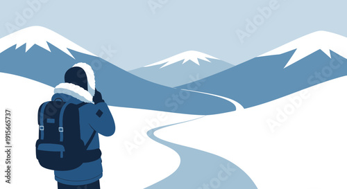 Adventurous Hiker Gazes At Snow Capped Mountain Range