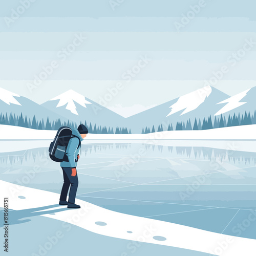 Adventurous Hiker Gazing At Frozen Lake And Majestic Snowy Mountain Scenery Illustration