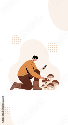 A Curious Forager Examining Wild Fungi, Documenting Discovery With Smartphone Device