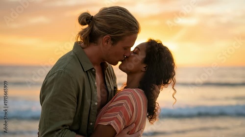 Romantic young multiethnic couple sharing a kiss on the beach at sunset during a tropical vacation
