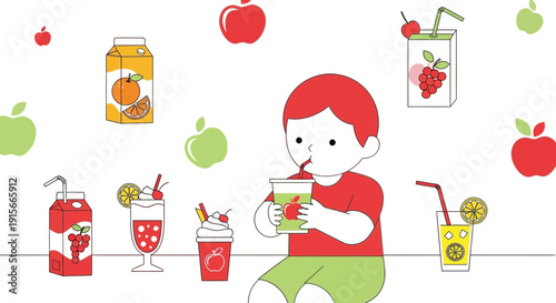 Adorable Child Enjoys Refreshing Fruit Juices Amidst Whimsical Fruit Graphics