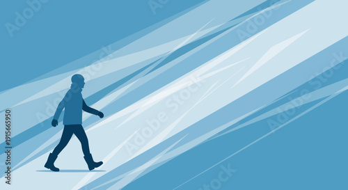 A Person Walks Through Abstract Blue Terrain, A Simple Yet Powerful Concept Depiction