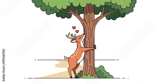 Adorable Deer Embraces Tree with Heartfelt Affection In A Natural Setting