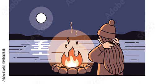 A Person Watches a Campfire at Night Near the Lake Under the Moonlight