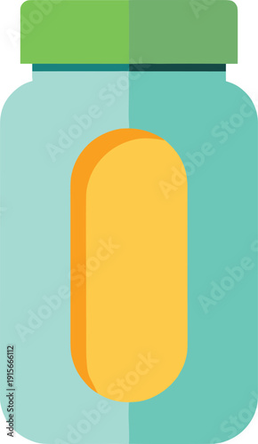 A bottle containing a single yellow capsule with a green lid. isolated on transparent background, Vector