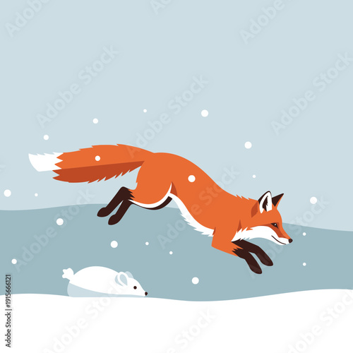 A Playful Fox Leaps Through Snow to Catch a Tiny Mouse in a Winter Wonderland Scene
