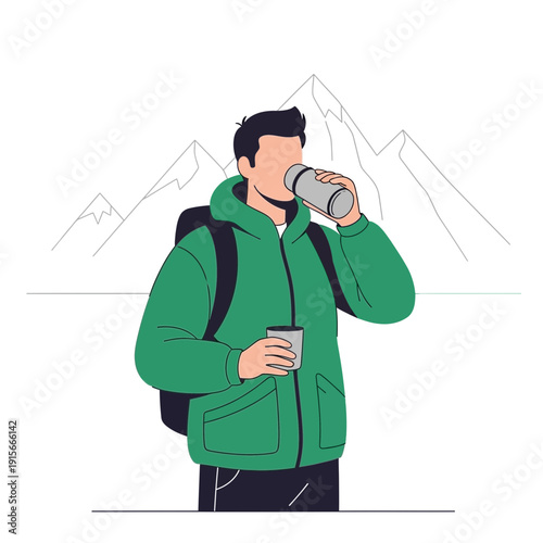 Adventurous Man Enjoys Refreshment During Mountain Trekking Expedition Outdoors
