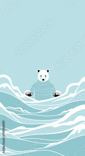 Adorable Panda Wearing Sweater Peeking Through Gentle Waves Minimalist Art