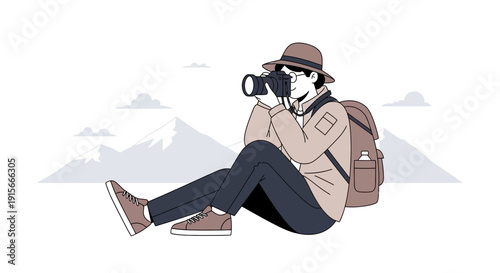 Adventurous Photographer Capturing Mountain Scenery On A Scenic Journey