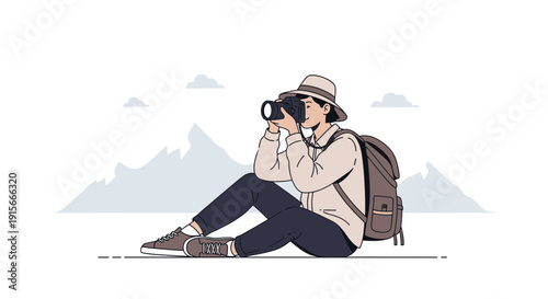 Adventurous Photographer Capturing Mountain Scenery With Backpack And Hat