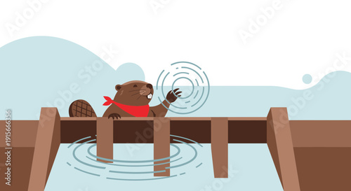 A Smiling Beaver Touches Water Surface Creating Circles from Wooden Structure