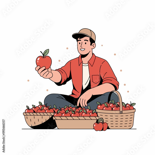 A Smiling Farmer Displays a Red Apple, Surrounded by Harvested Fruit Baskets Ready for Market