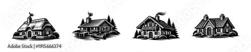 Charming cottage flat vector icons set. rustic cabins and vintage houses collection