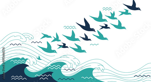 A Flock Of Birds Soars Above Majestic Ocean Waves