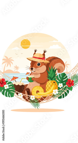 Adorable Squirrel Enjoying Tropical Vacation Relaxing In Hammock With Cocktail