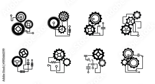 Collection of steampunk style mechanical gear and circuit illustrations