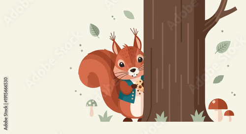 Adorable Squirrel Peeking From Behind A Tree Trunk Holding A Treat