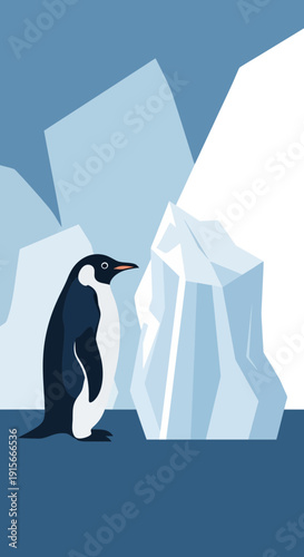 A solitary penguin contemplates an iceberg in a serene arctic landscape amidst towering glaciers